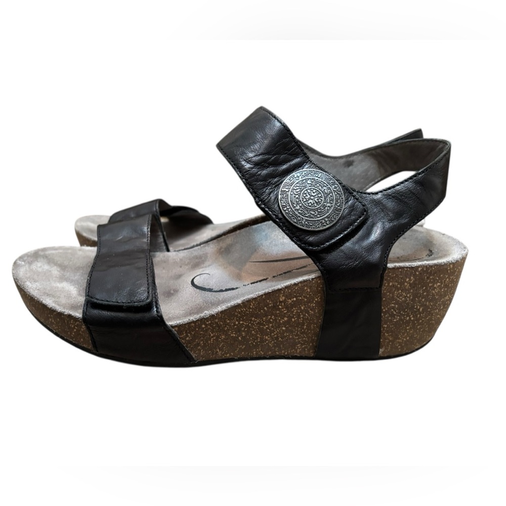 Abeo Una Black Leather Wedge Sandals Plantars Faciatis Orthotic